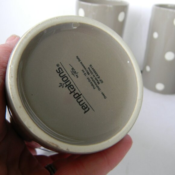 NEW Temp-Tations Polka Dot Set/ 4 16oz CERAMIC Carafe CupS TUMBLERS TAUPE/WHITE - Picture 2 of 5